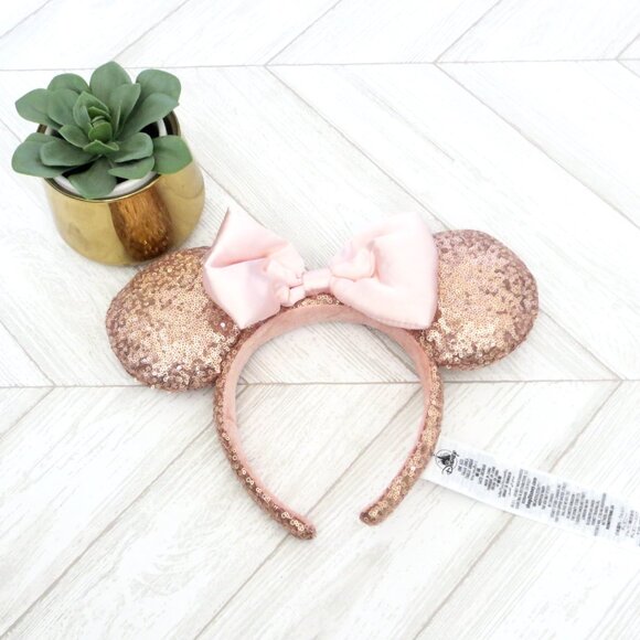 NEW! Disney Parks Minnie Mouse Sequin Ears Headband Rose Gold Pink Bow - Picture 3 of 4